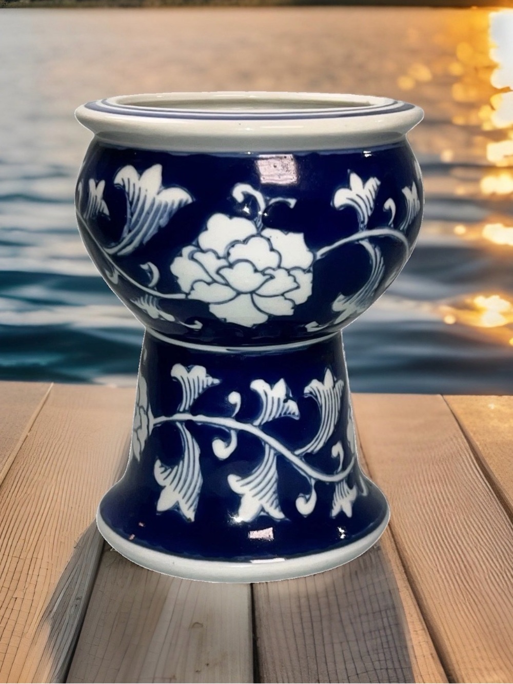Blue White Porcelain Chinoiserie Floral Footed Planter Pot Jardine 6.5" China